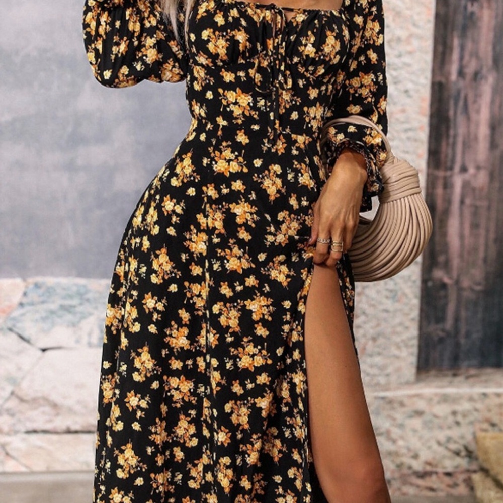 Cupshe Black and Yellow Floral Long Sleeve Dress